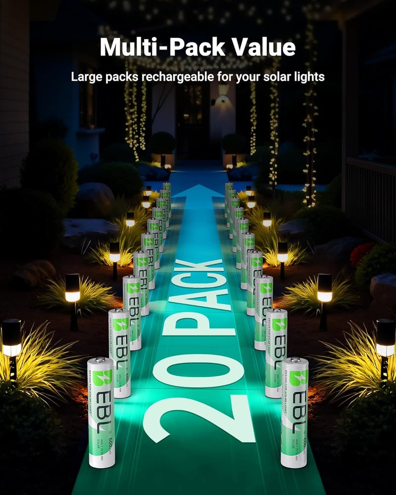 EBL Rechargeable AAA Batteries AAA Solar Battery for Outdoor Solar Lights Garden Light Replacement 1.2V 600mAh Battery AAA Size - 20 Packs - Image 3